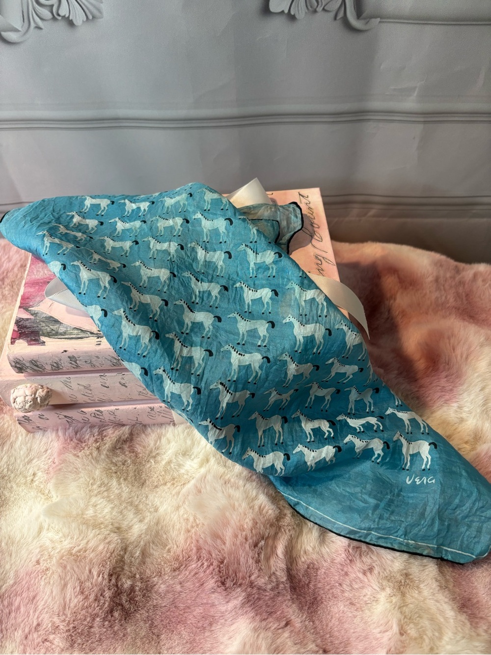 Vintage Vera 100% Pure Silk Scarf – Teal Horse Print – Hand-Rolled